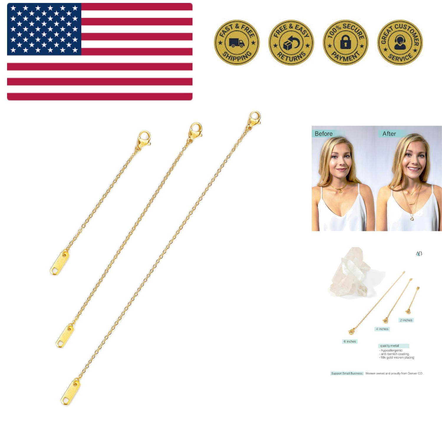 18k Gold Plated Necklace Extenders Delicate Necklace Extender Chain Set for W…