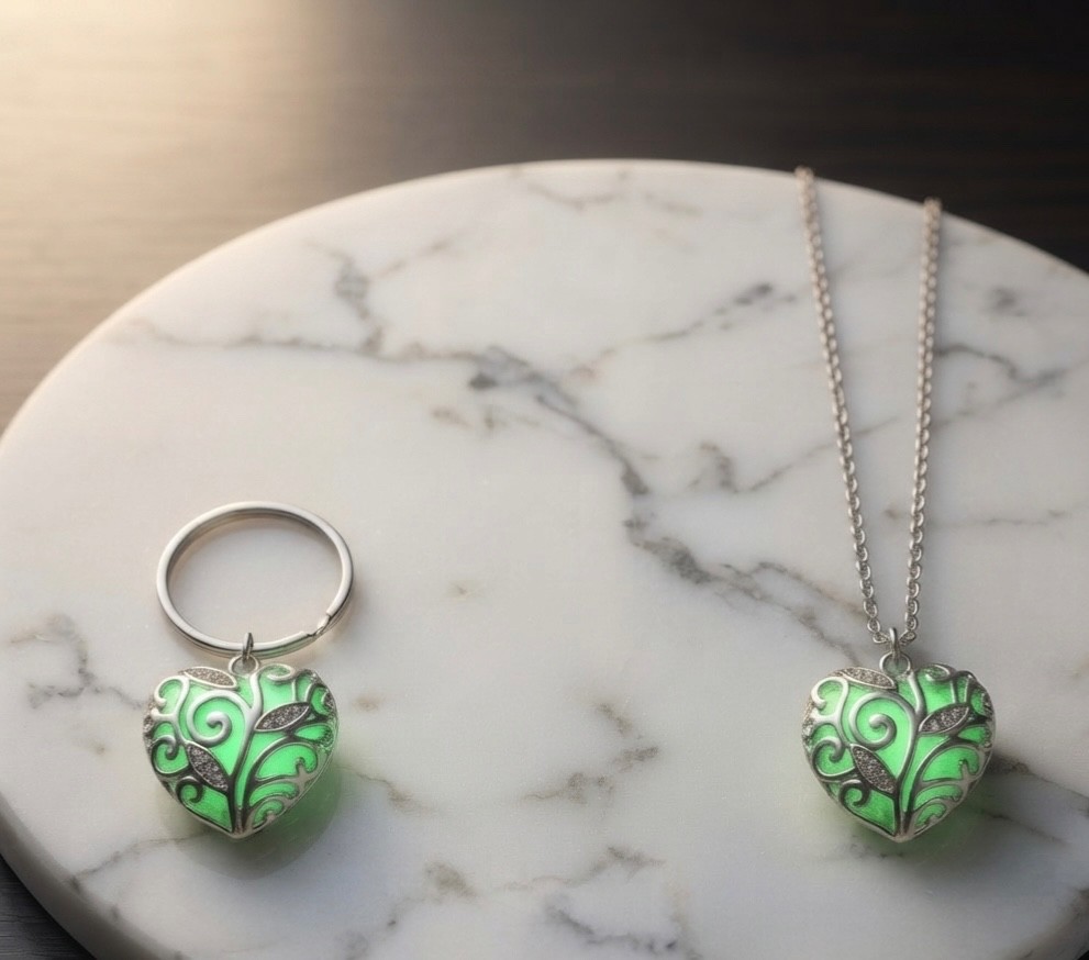 glowing heart necklace with matching key ring.