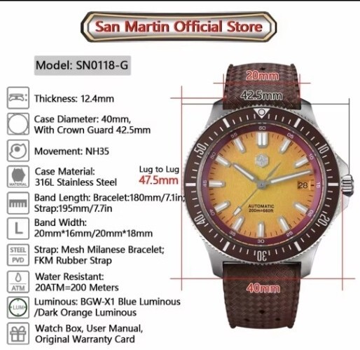 San Martin SN0118 Automatic Watch 40mm NH35 Steel From Japan