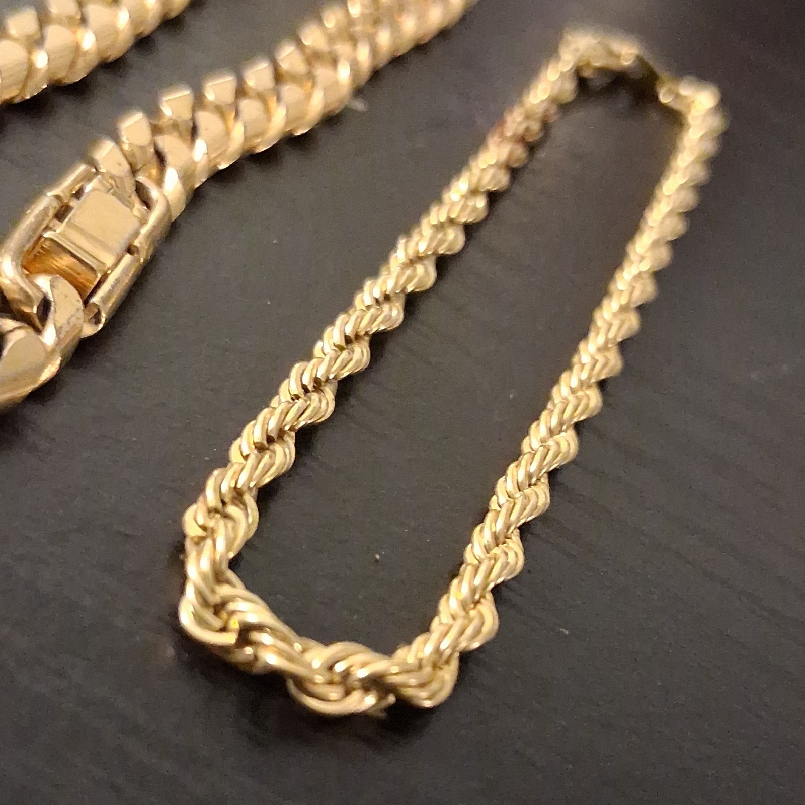 Lot of 2 Gold-Tone Chain Bracelets Cuban Link & Rope Style Box Closure