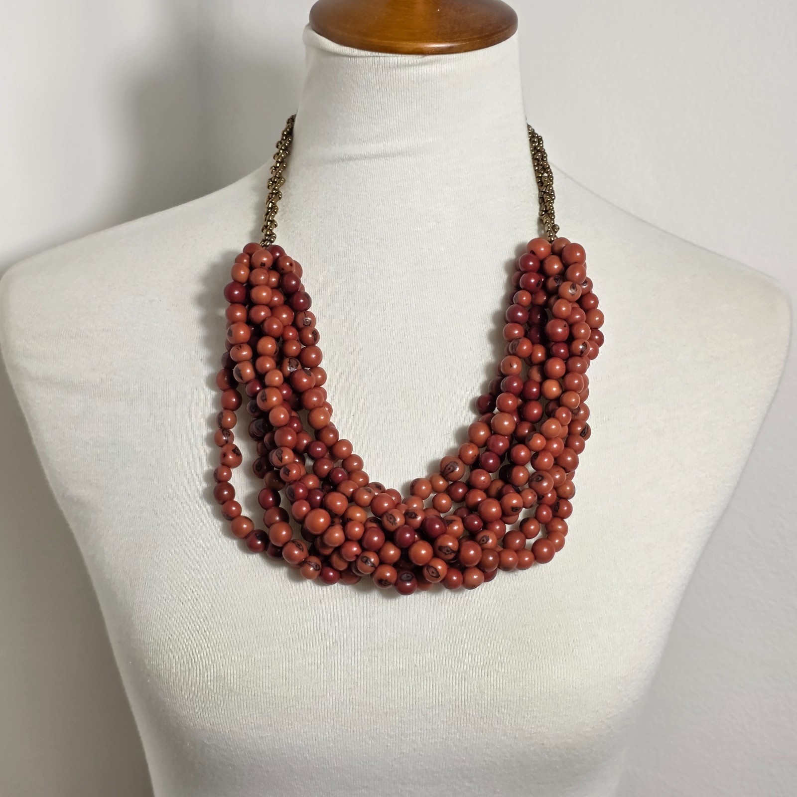 Multi-Strand Dyed Coral Colored Acai Seed Bead Necklace Gold Seed Bead Accents