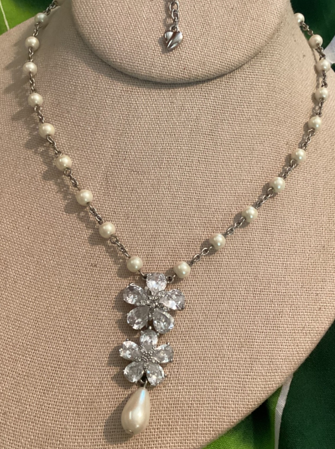 Carolee Bridal Faux Pearl Silver Tone Chain Rhinestone Pendant Drop Necklace