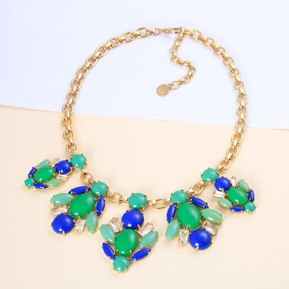 18K Gold Plated Brass Floral Bib Necklace Hand Set Color Resin Gem Short Choker
