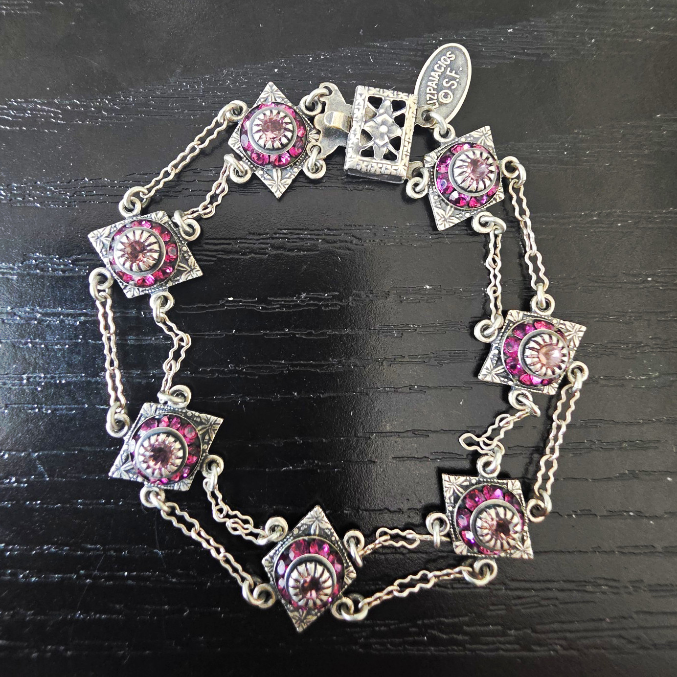 Liz Palacios SF Vintage Purple Crystal Link Cable Bracelet 7.25in