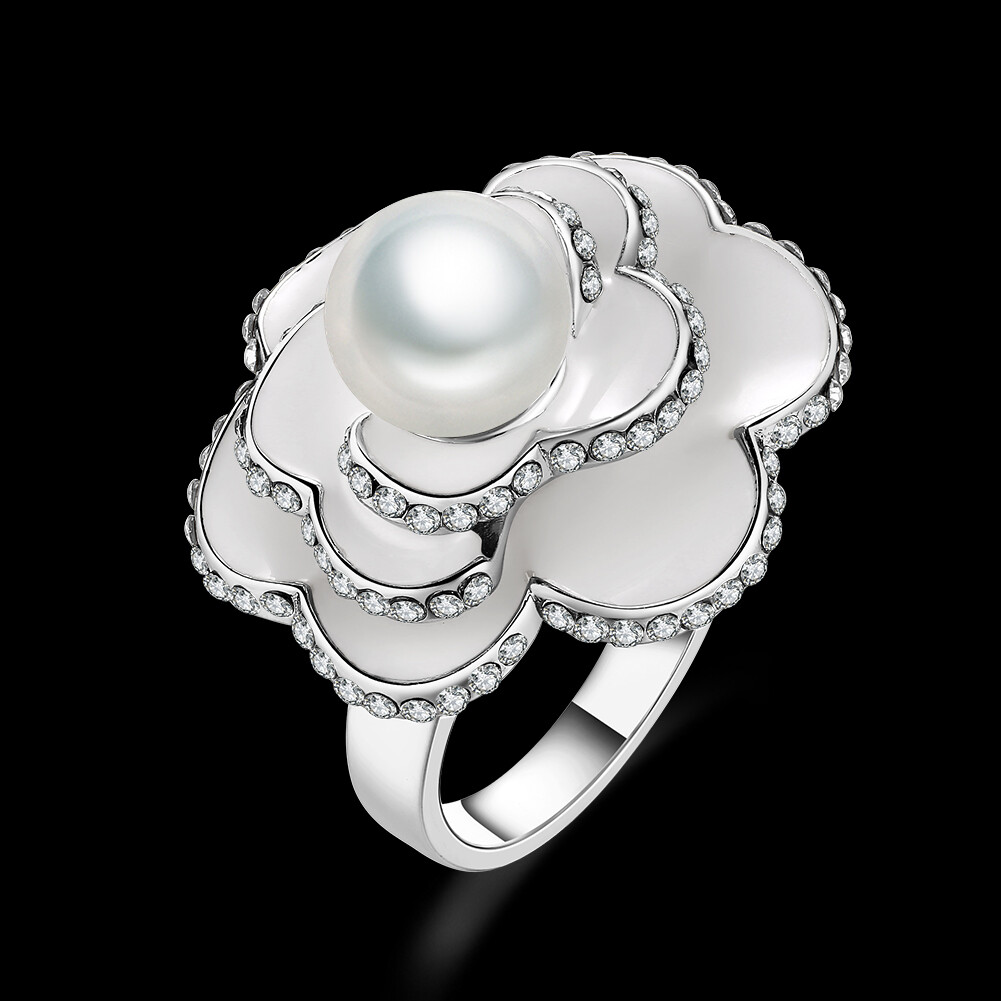 Womens Platinum Plated Ceramic Elegant Pearl CZ Crystal Flower Vogue Ring #DR111
