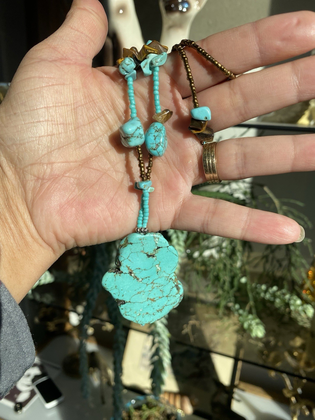 Necklace Pendant Turquoise Stone Like Beaded 25” Boho Statement