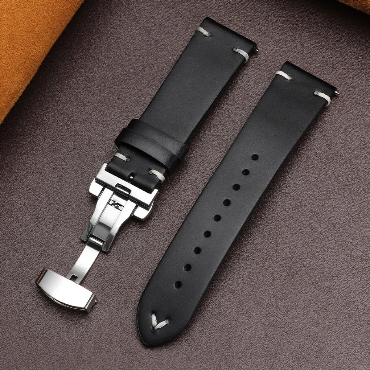 Genuine Leather Butterfly Buckle Watch Bands 18/20/22mm Waterproof Retro Oil Wax