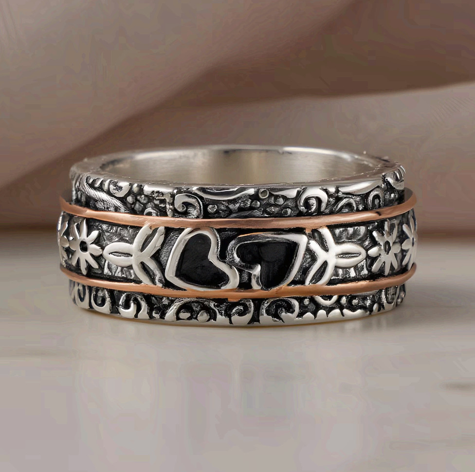 Hearts Ring Stainless Steel Two Tone Floral Fidget Meditation Band