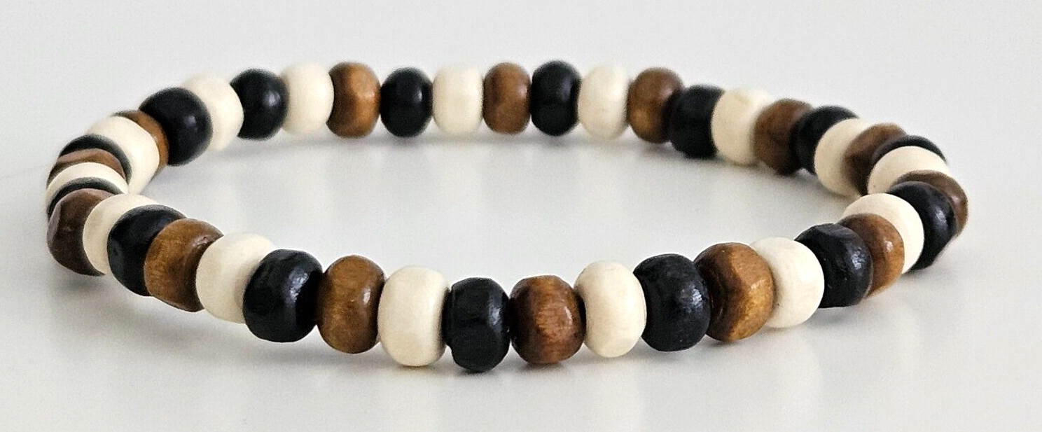 Mens / Womens Wooden Bead Stacker Bracelet – Black White Brown Mix – 5 Sizes