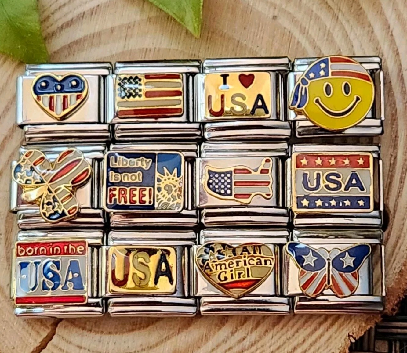 USA US American flag heart patriotic america Italian Charm Bracelet link 9mm