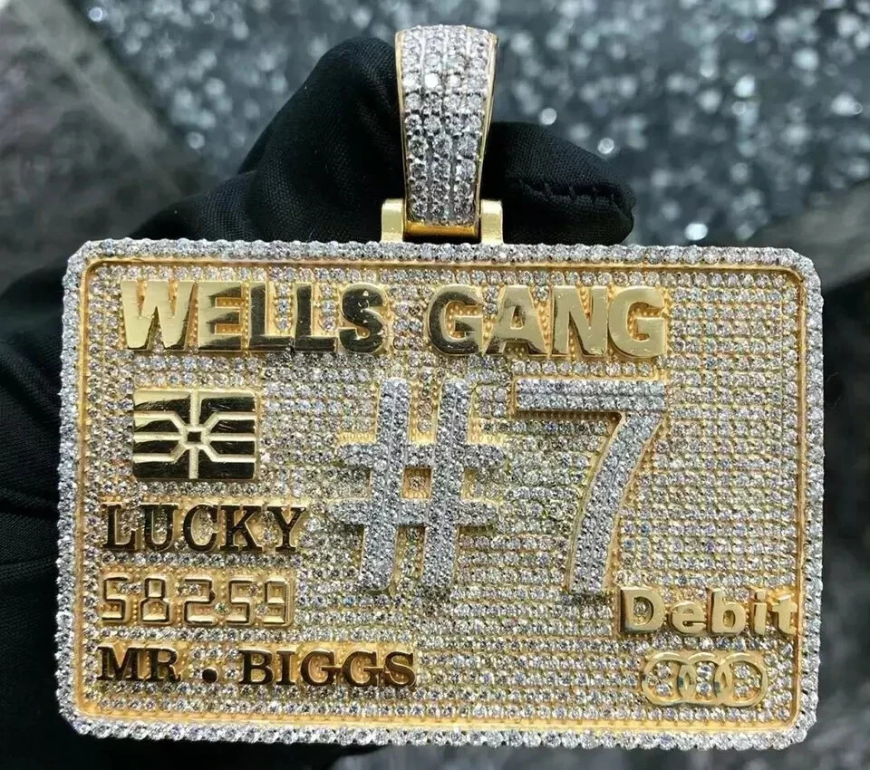 Men’s Real Moissanite Custom Number Name Card Pendant 14k Yellow Gold Plated