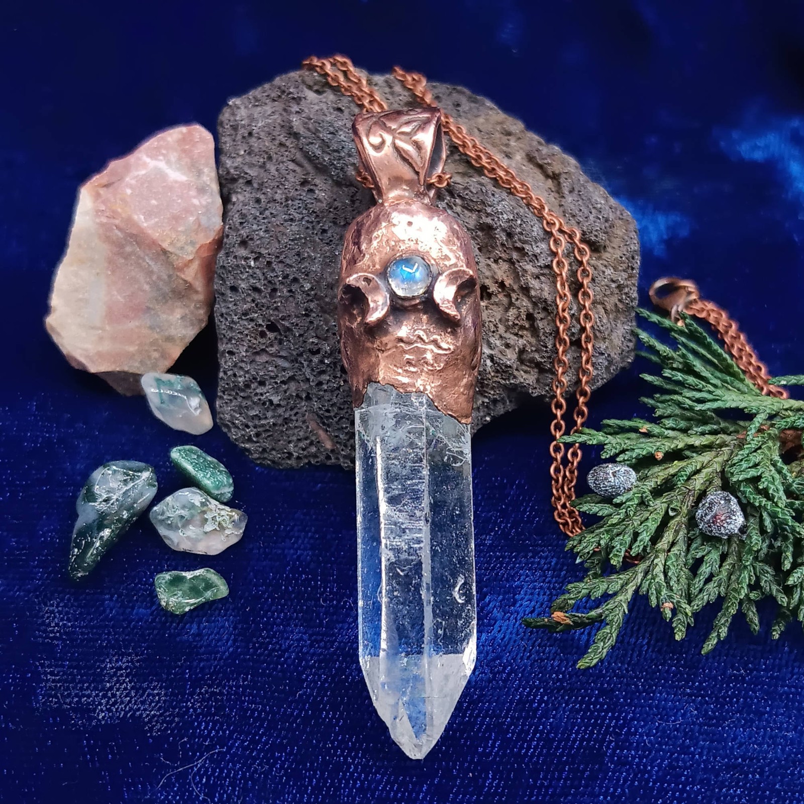 Clear Quartz Copper Pendant ONLY – No Chain – Triple Moon Rune Amulet Handmade