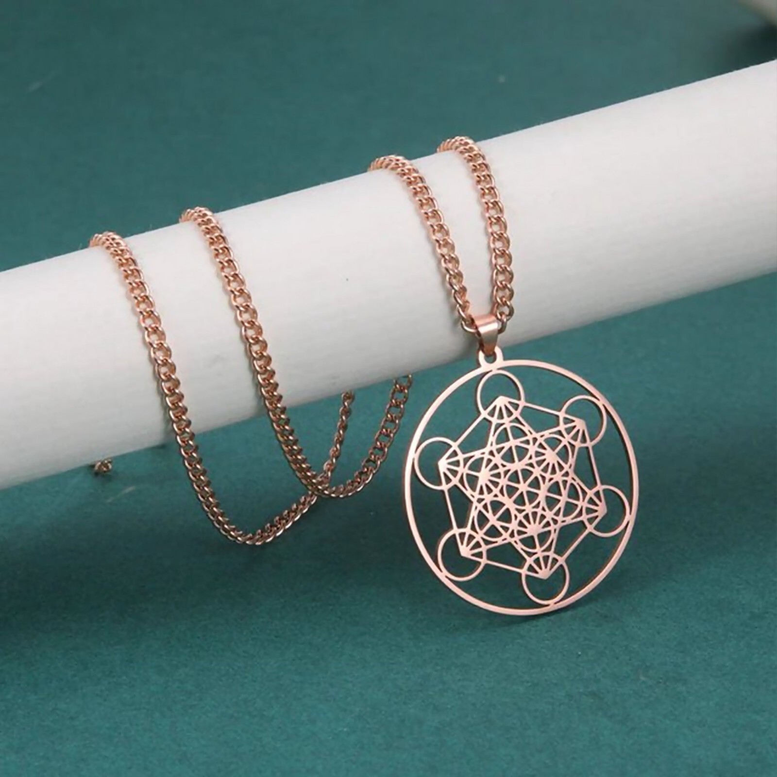 Rose Gold Metatrons Cube Necklace Stainless Steel Sacred Geometry Pendant Chain