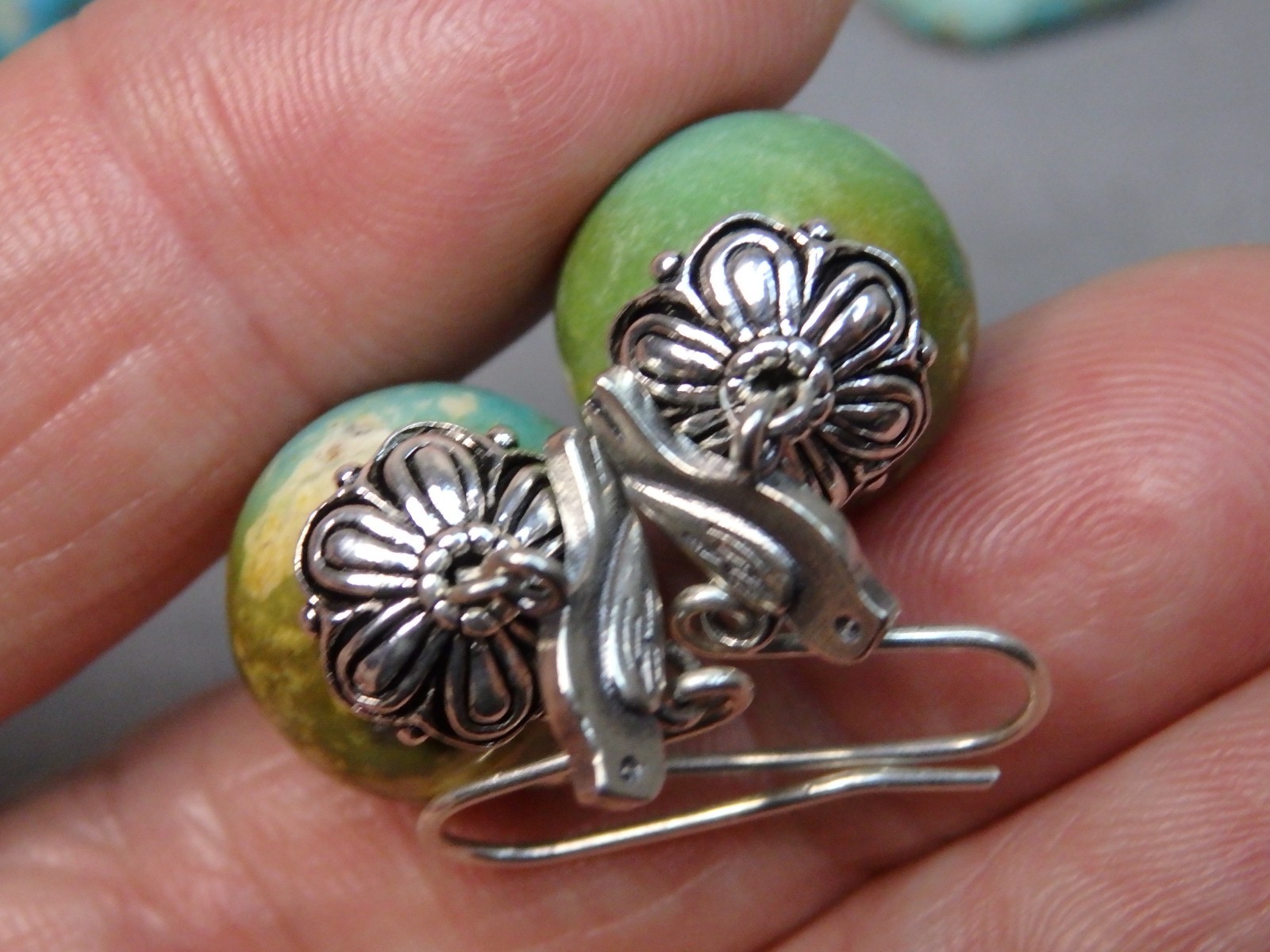 ROYSTON Polychrome TURQUOISE Sterling Silver 1&5/8″Long 2 Sided BIRD Earrings
