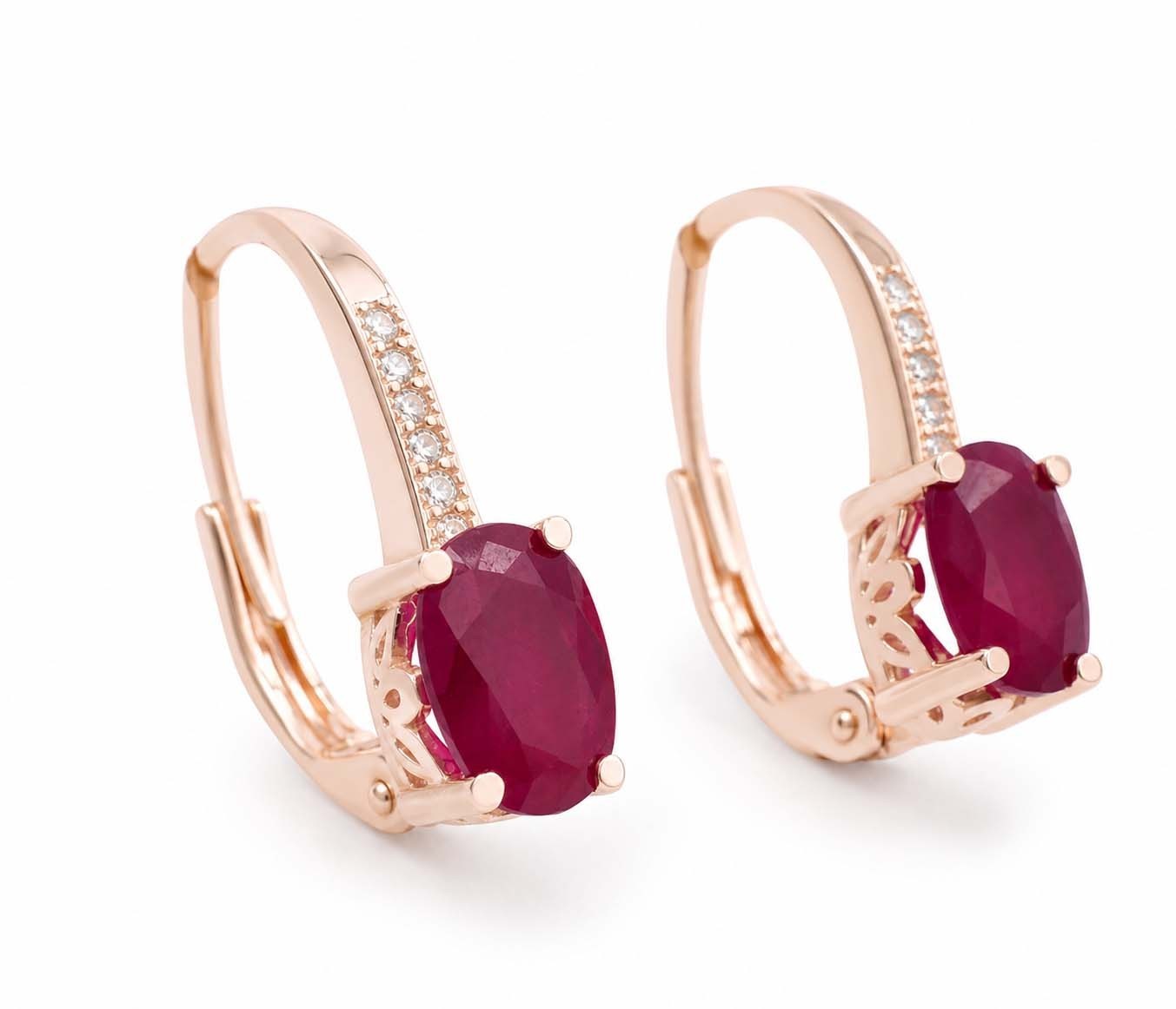 GENUINE 2.24 Cts RUBY & W/SAPPHIRE DANGLING EARRINGS 14K ROSE GOLD PLATED(.925)