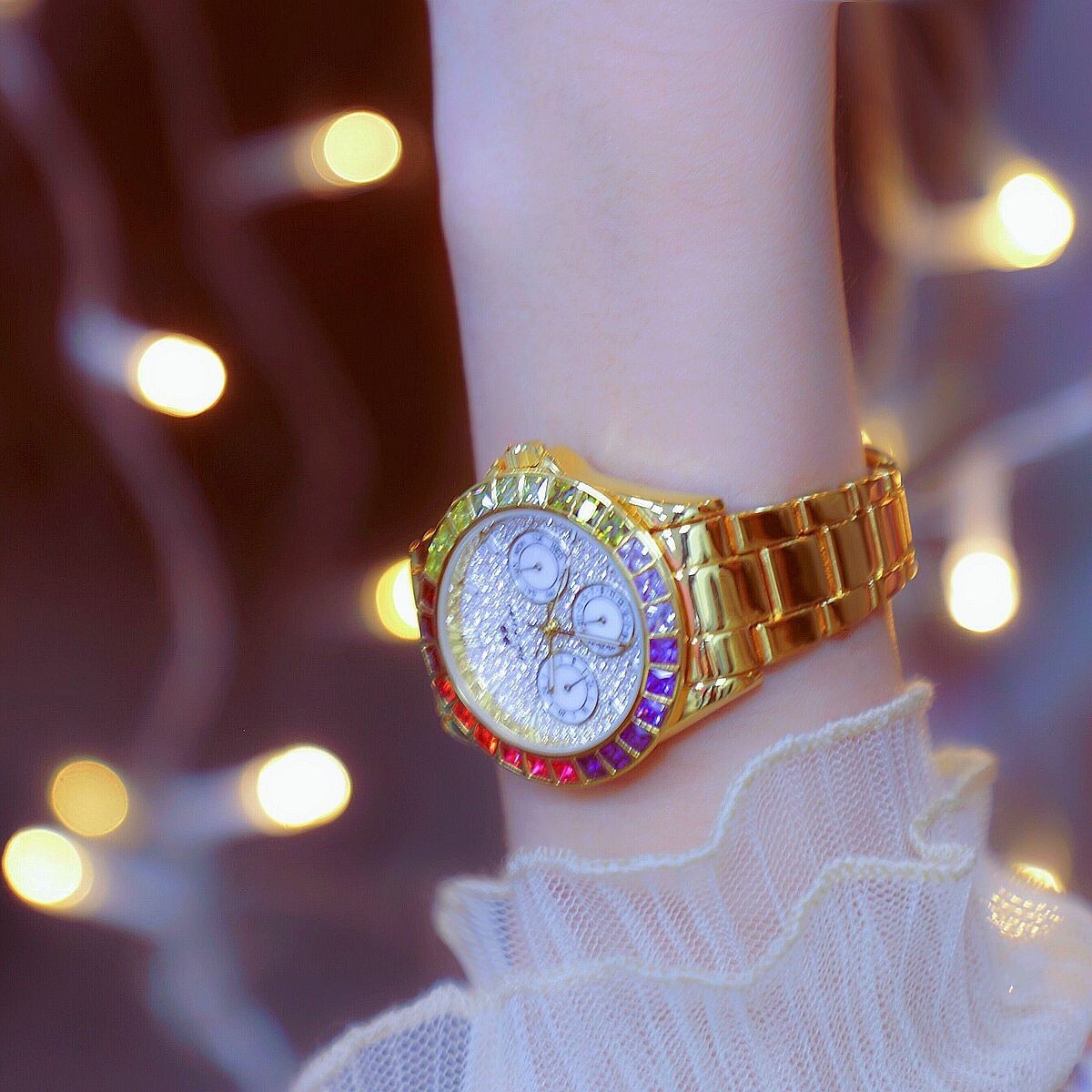 Rainbow Crystal Bezel Women Watch Gold Tone Colored Gems Women’s Wrist Watch