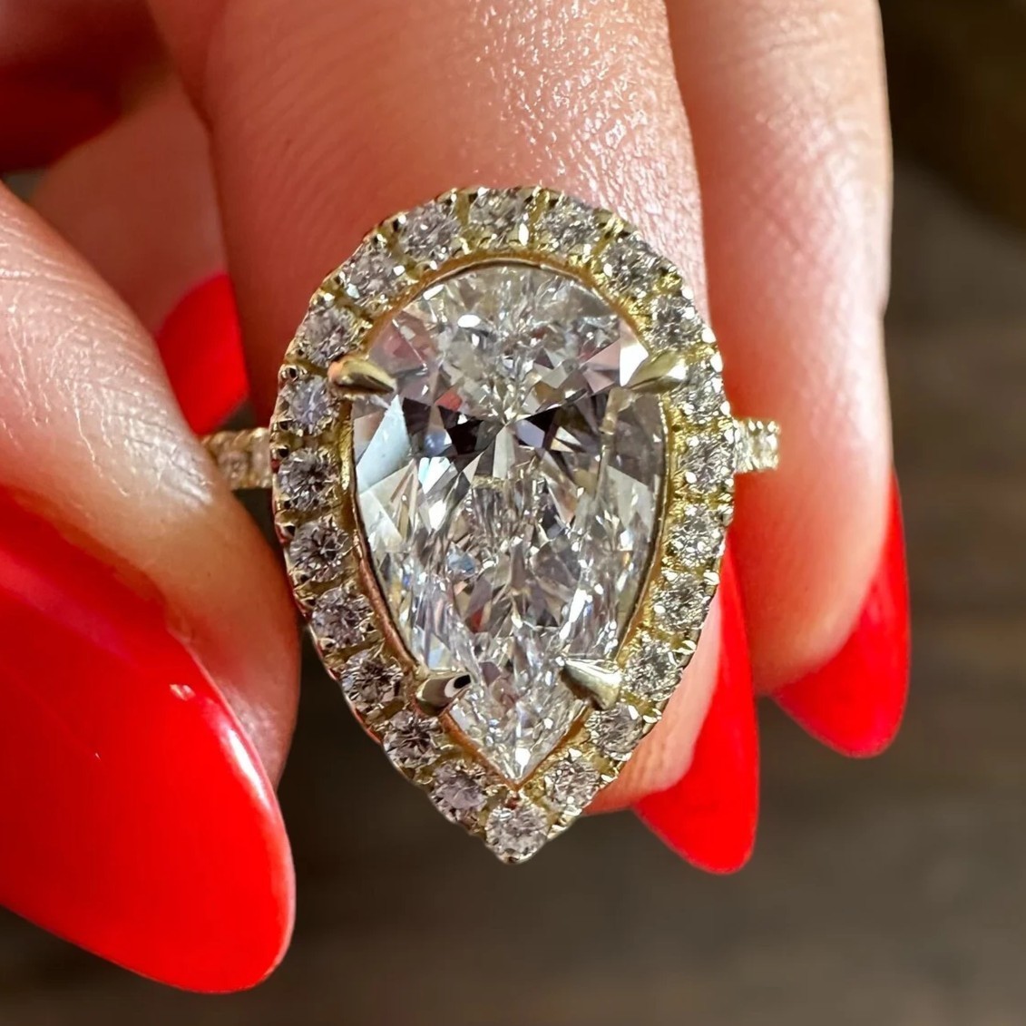 10x8mm Pear Cut D Moissanite Halo Wedding Bridal Ring in 14K Yellow Gold Plated
