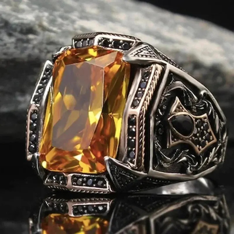 Turkish Signet Ring Silver Color Carved Zircon Inlay Biker Style Unisex Jewelry