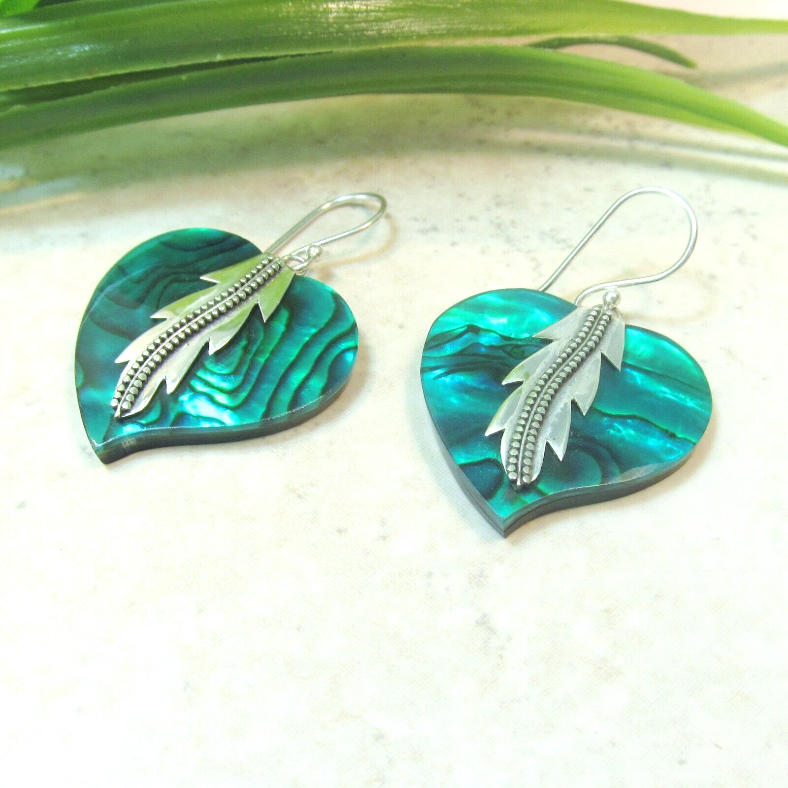 Green Heart Abalone Paua Shell Handmade 925 Sterling Silver Earring NEW DESIGN
