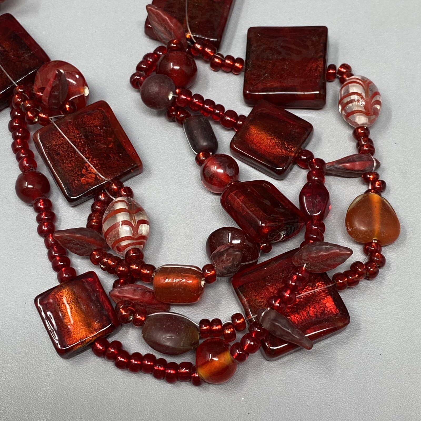 VTG Boho Glass Necklace Red Burgundy Glass Beads Czech Dichroic Frost Molded 24″
