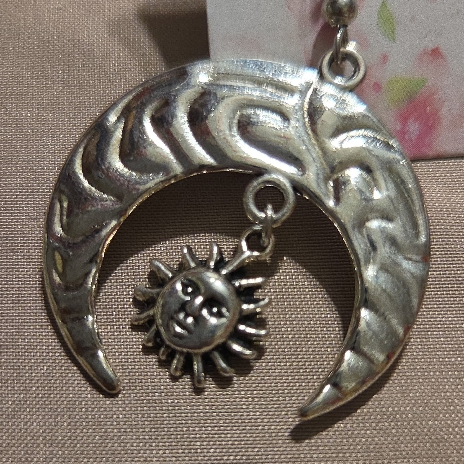 Silver Tone Metal Crescent Moon & Sun Face Dangle Drop Hook Earrings No Stone