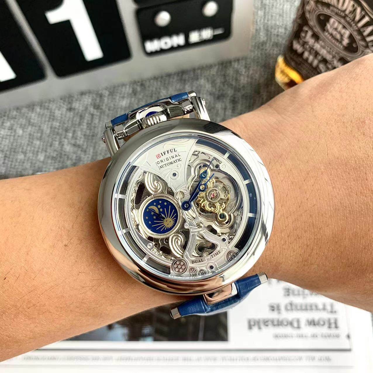 Automatic Skeleton Men Watch Moon‑Phase Large Dial Tourbillon Style Wristwatch