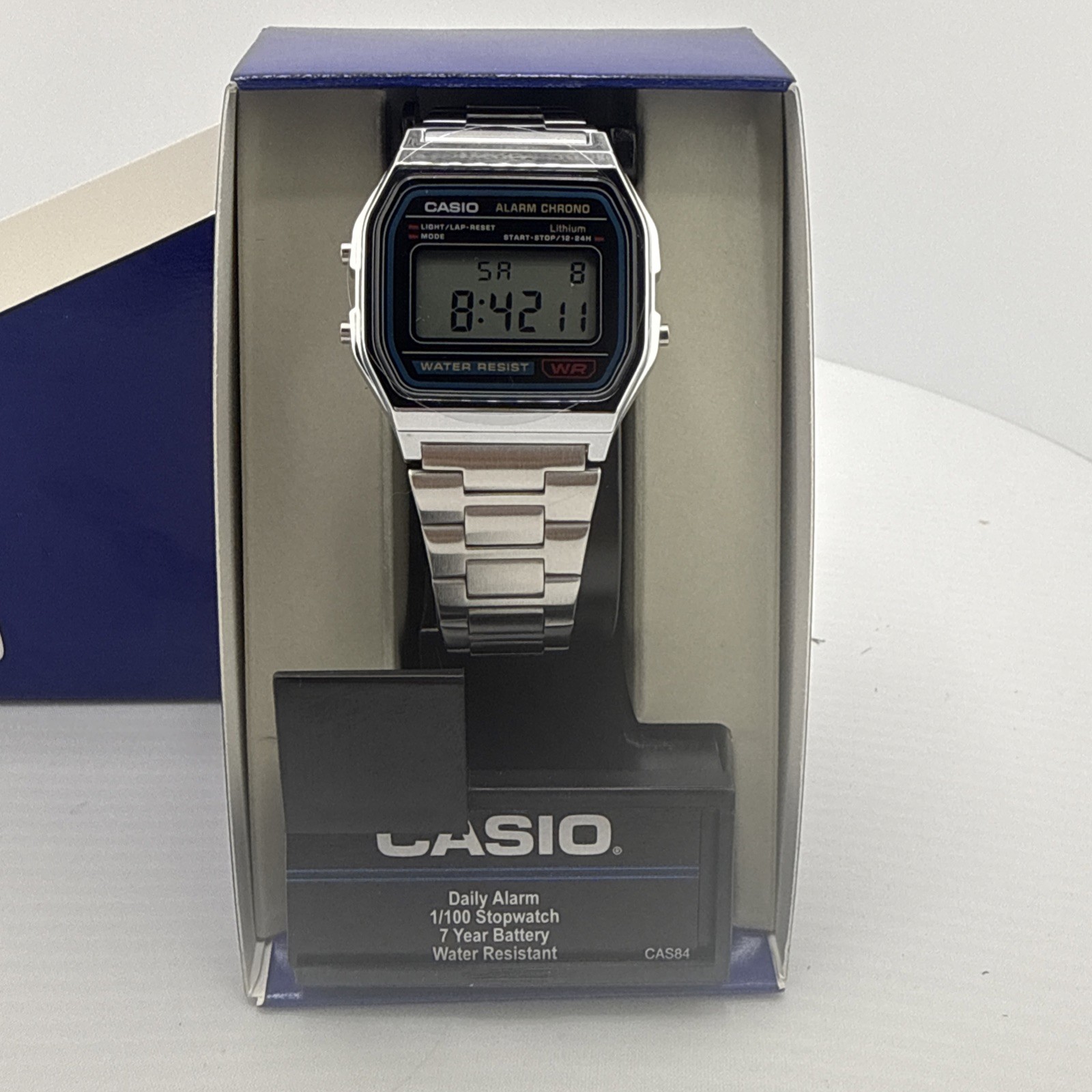Casio A158WA-1, 7 Year Battery Classic Chronograph Watch, Alarm, Date, NEW