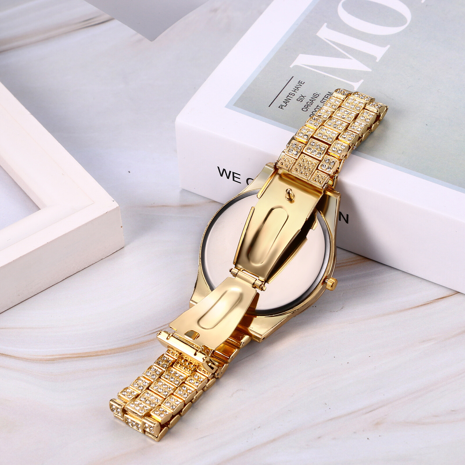 Hip Hop Men CZ Iced Round Stainless Steel Date Quartz Wrist Watch Cuban Bracelet