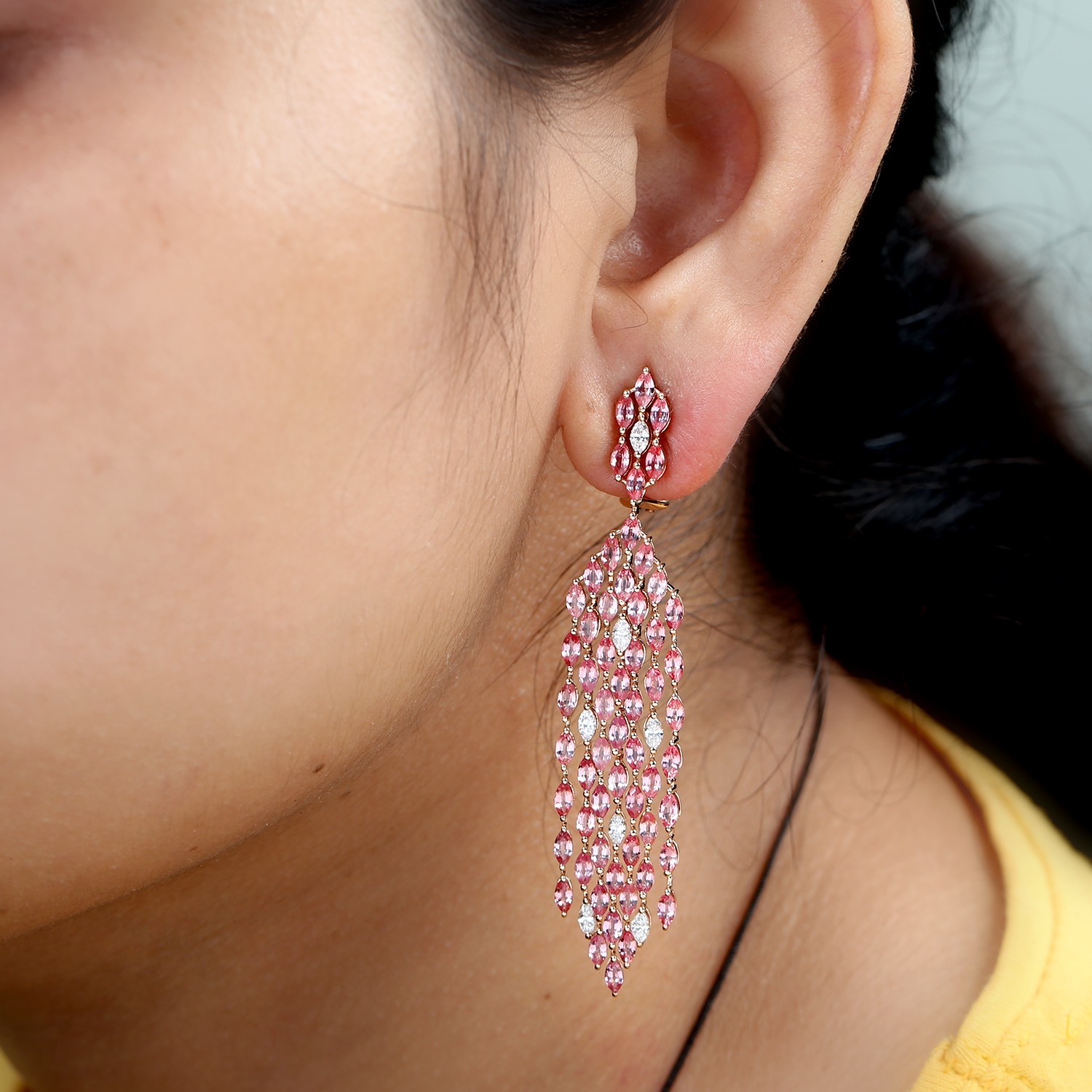 18K Rose Gold Pink Spinel Diamond Chandelier Earrings Bridal Party Jewelry Women