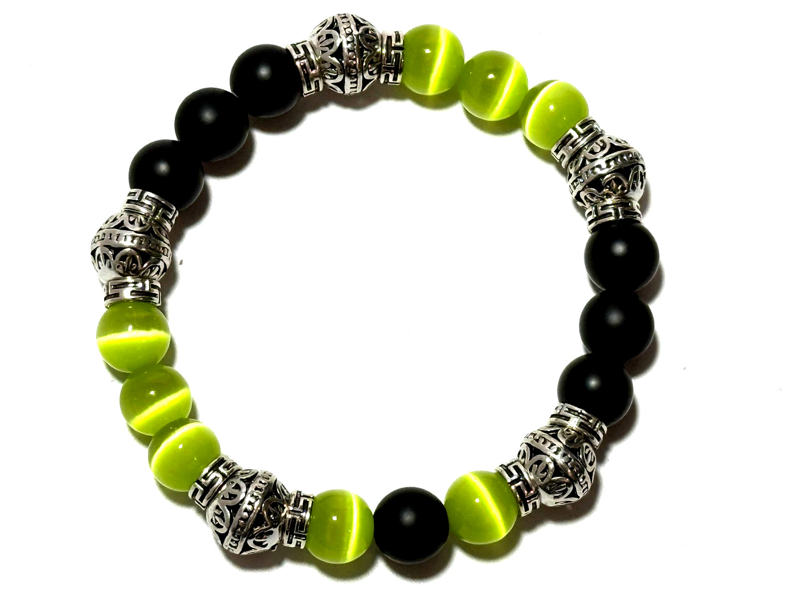 Handmade 10mm Matte Black Onyx, Lime Green Catseye Sterling Silver Bead Bracelet