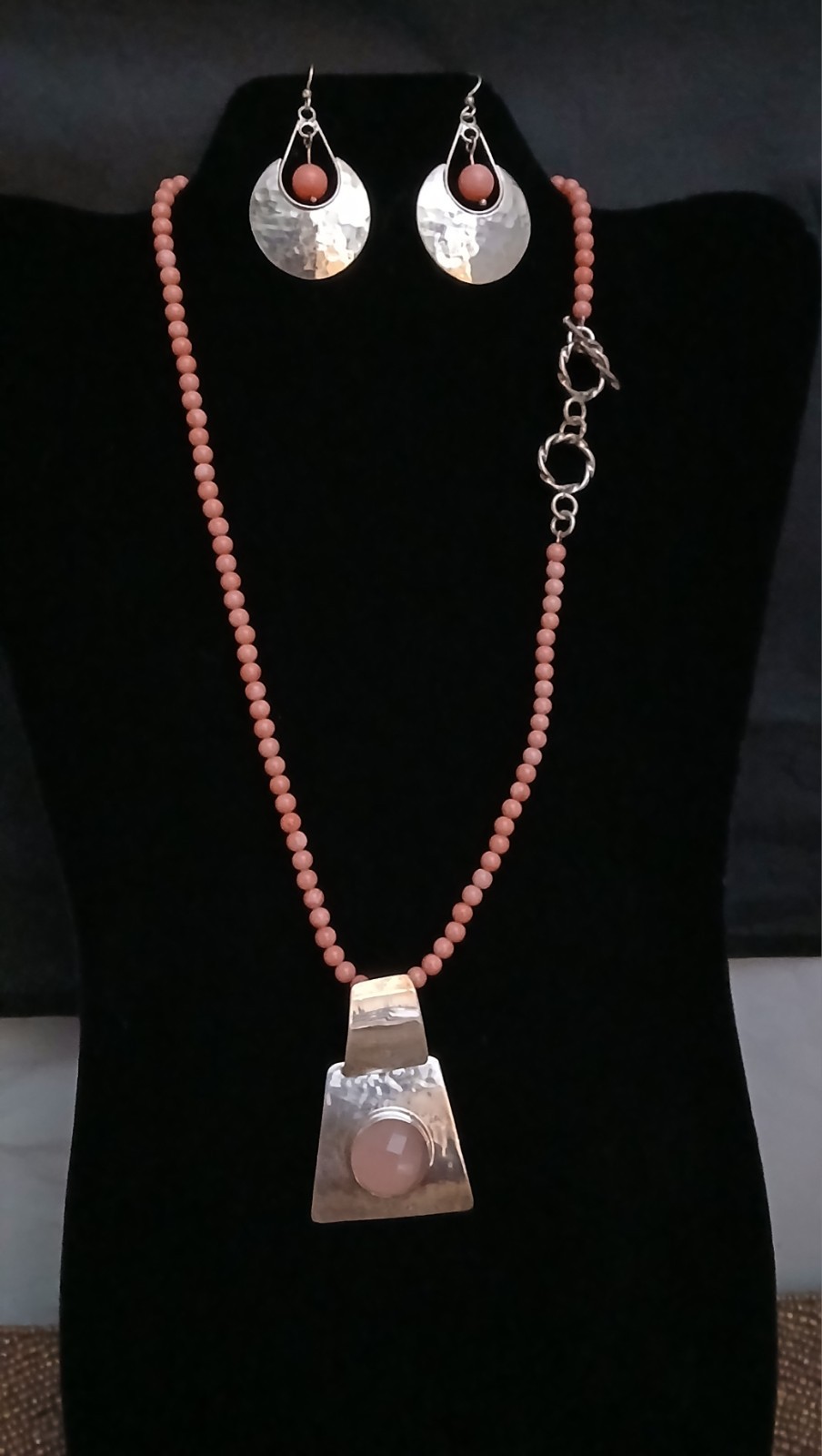 HSN DDD Geometric Pendant & Earrings- Coral Beaded Necklace Set 925