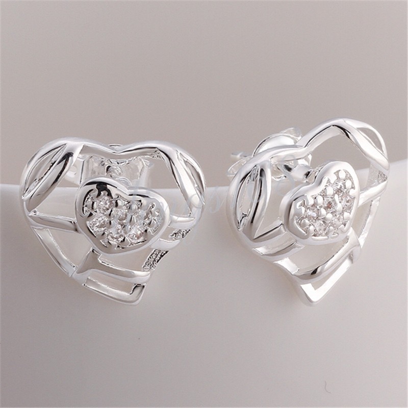Classic 925 Sterling Silver See-through 2-Heart Crystal Stud Post Earrings F882