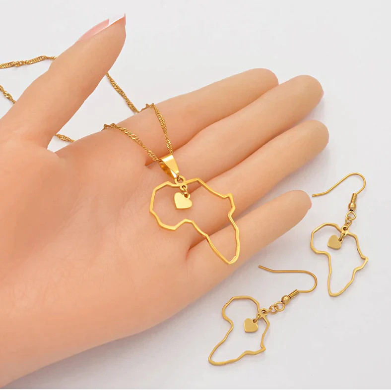 Africa Map Outline Heart Necklace Set with Earrings