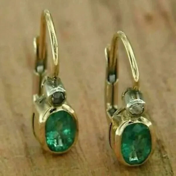 3Ct Oval Cut Simulated Green Emerald Bezel Drop Dangle Earrings 14k Gold Plated
