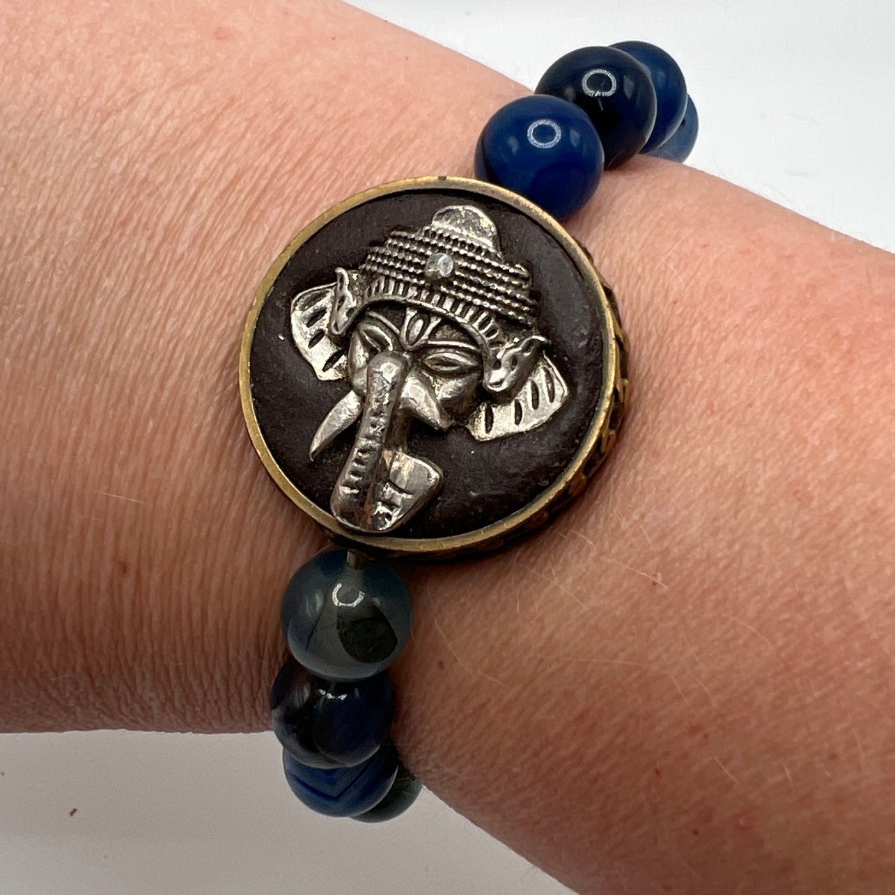Boho Spiritual Ganesh Blue Agate Beaded Stretch Bracelet 7″ Yoga Meditation