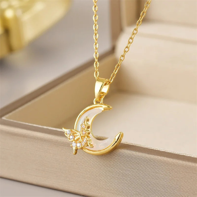 Butterfly Flower Clavicle Necklace Women Stainless Steel Zircon Tassel