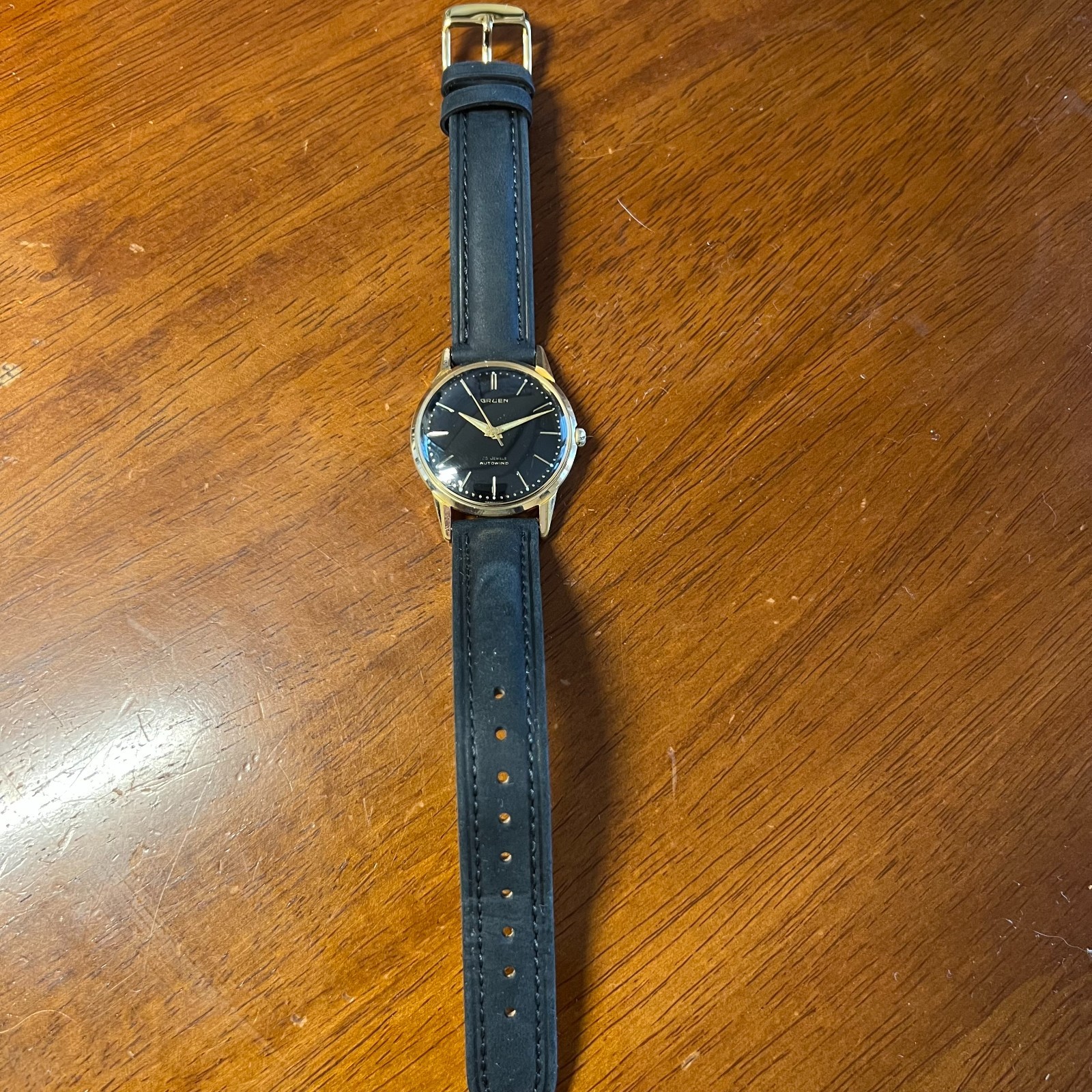 Vintage Gruen Automatic Watch, Gold Tone Case, Black Dial, Mid-Century Men’s