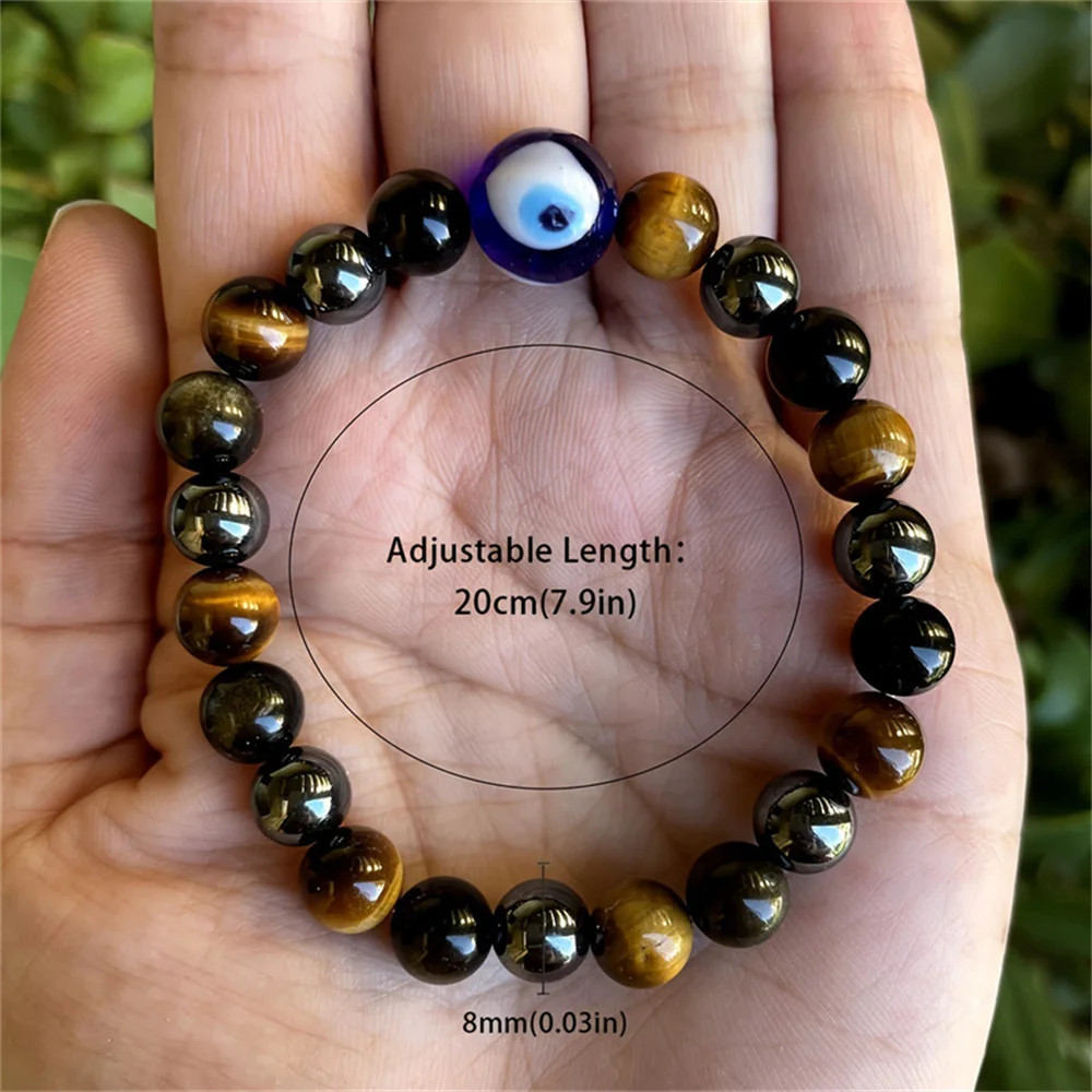 Protection Bracelet,Blue Tigers Eye Black Bile Obsidian Evil Eye Beaded Bracelet