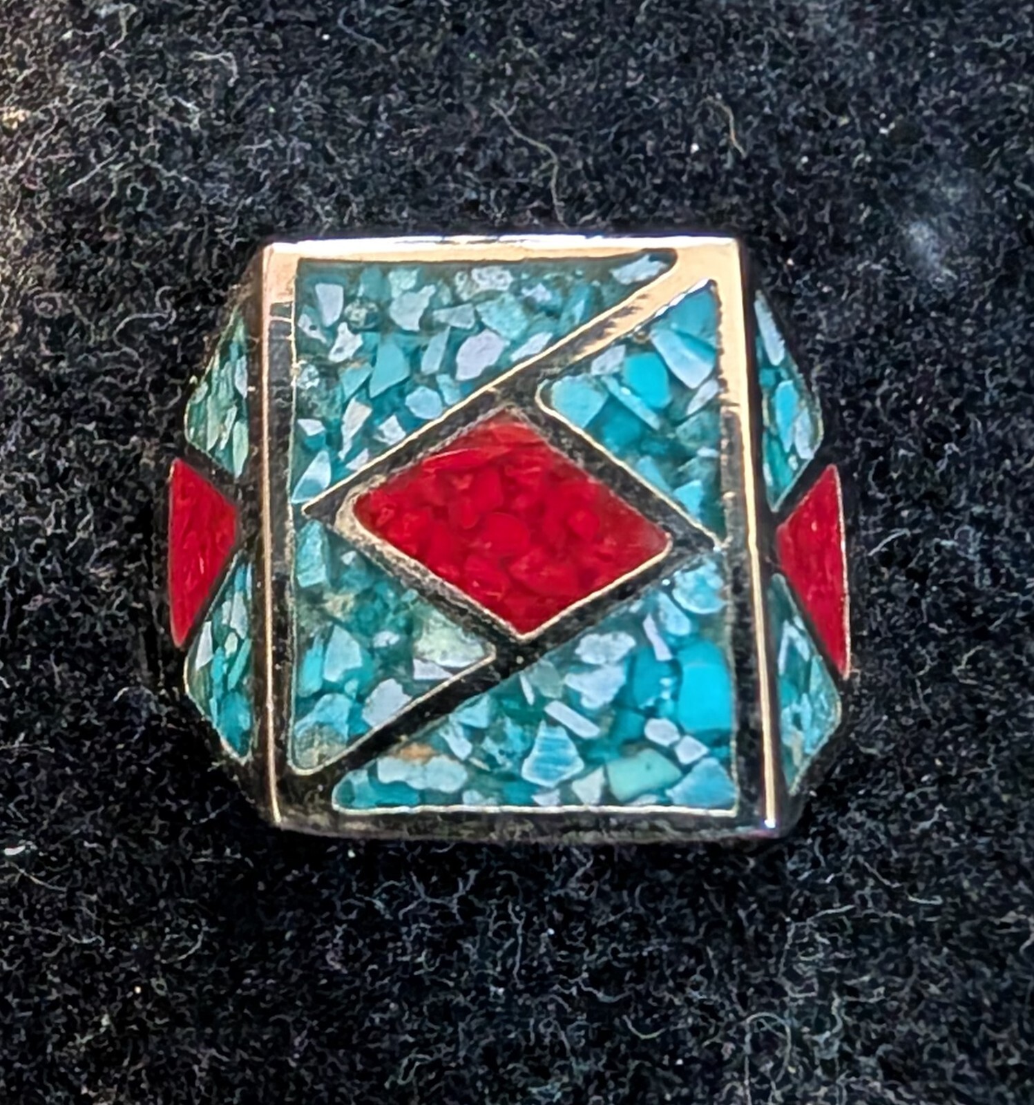 Vintage Turq. & Coral Design Nickle Silver Men’s Rings Size 9 Resin Filled