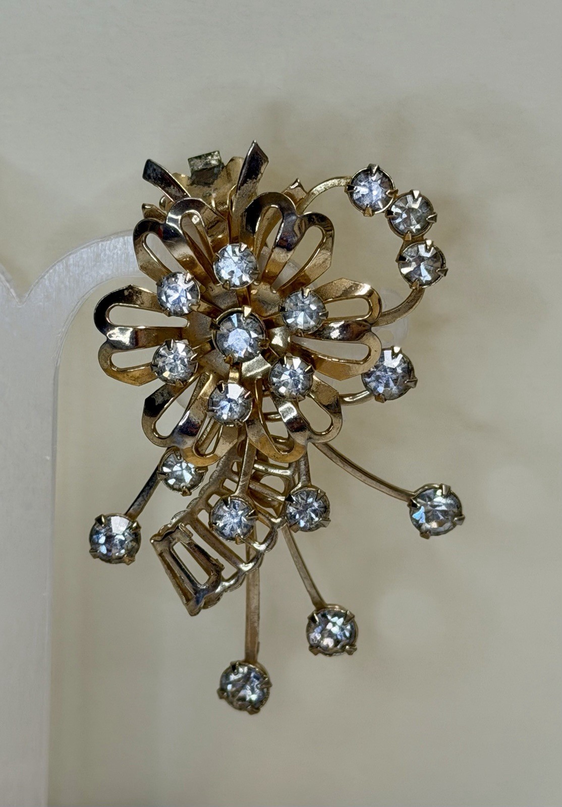 Vintage Floral With Rhinestone Accents Earrings, 1950s. Excellent Condition.