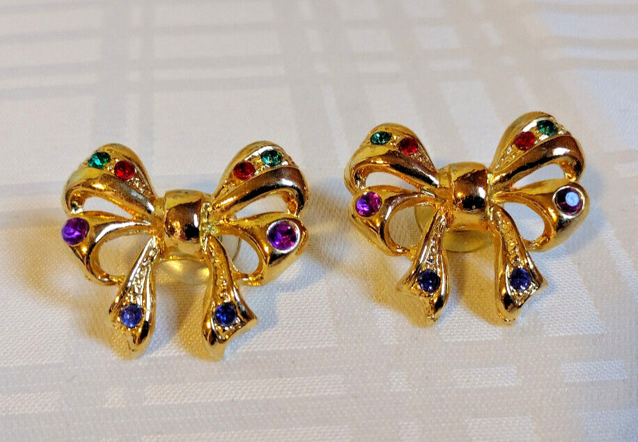 Golden Colored Green/Red/Purple Jeweled/Stone Wrapped Bow/Ribbon Stud Earrings