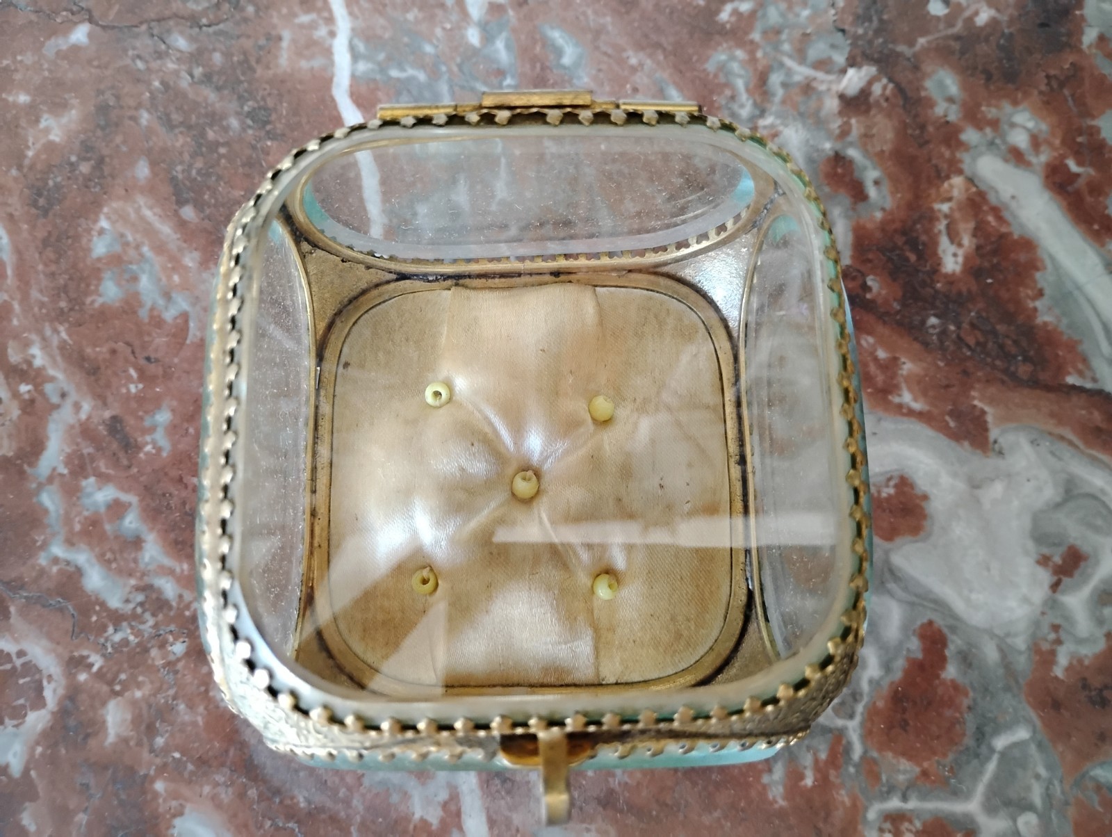 Antique French Beveled Glass and Ormolu Casket Jewelry Box Gold Floral