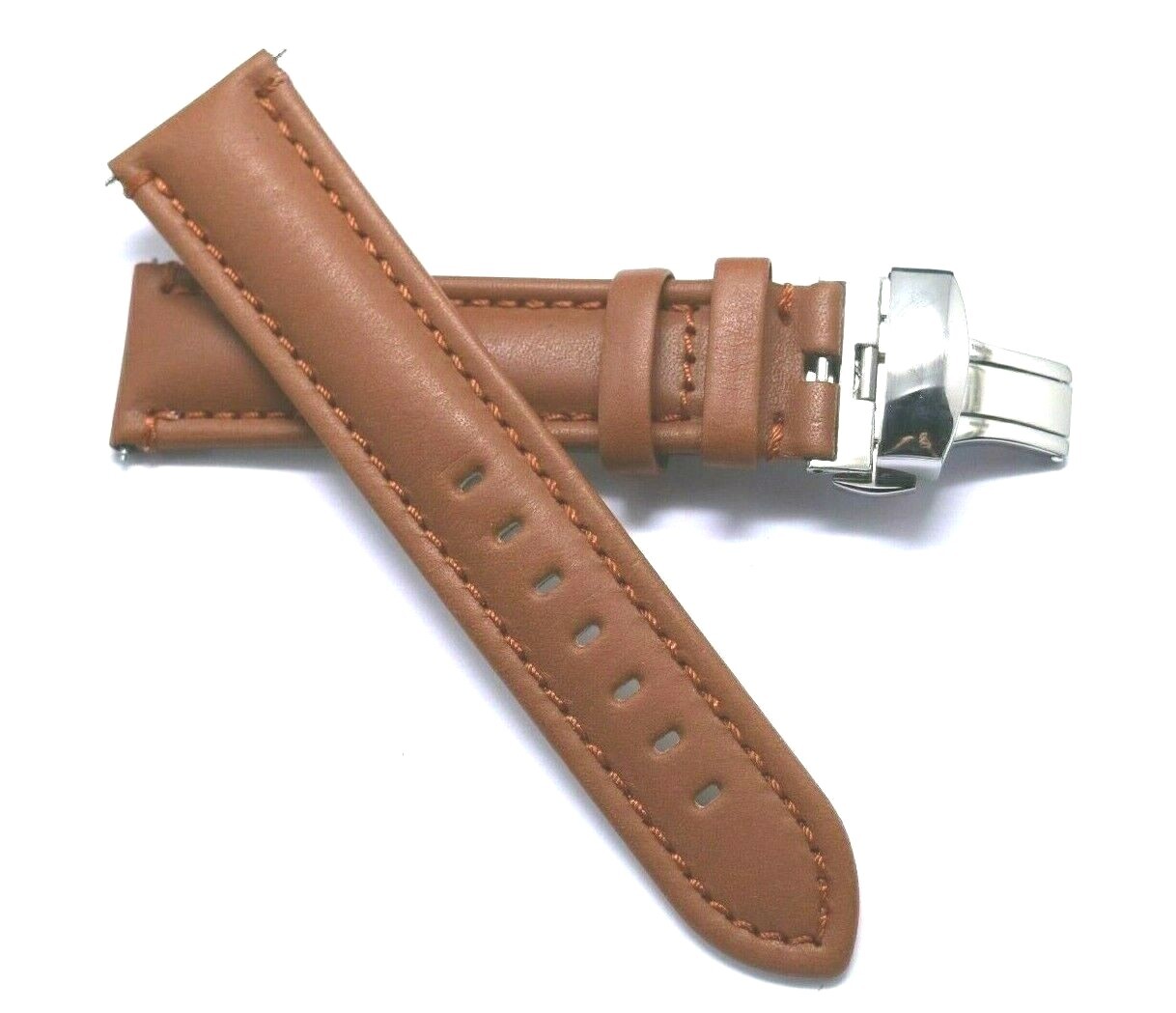 20 22 24mm Brown Genuine Leather Watch Strap Silver Push Button Deployant Clasp