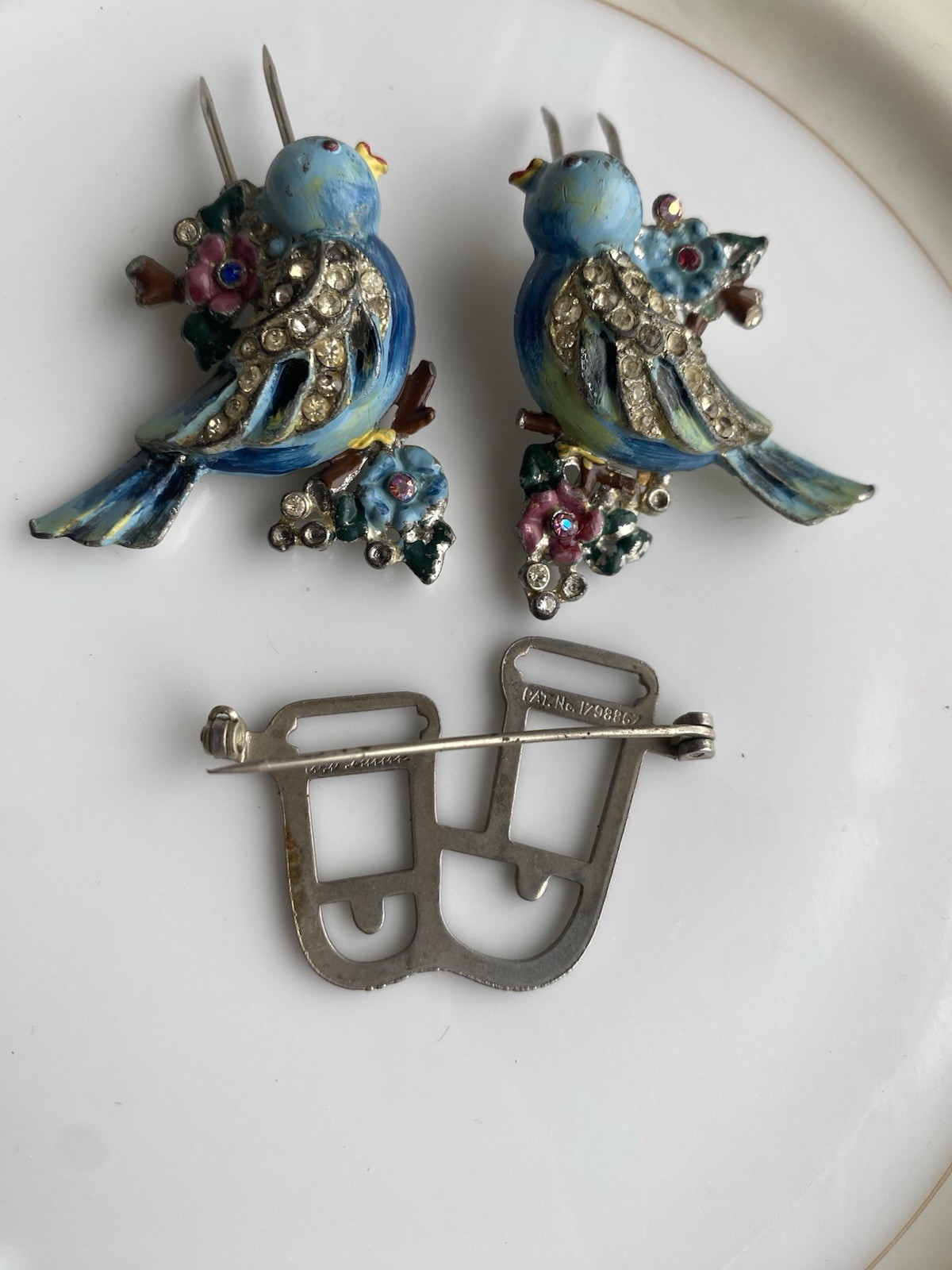 Rare Vintage 40s Coro Duette Enamel Love Birds Fur Clips Rhinestone Pin Brooch