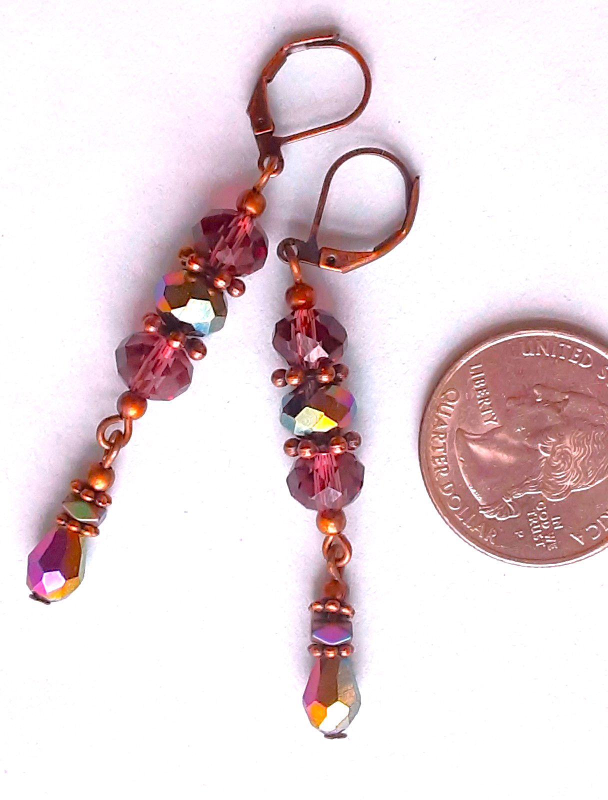 PLUM & RAINBOW crystal dangle COPPER earring LEVERBACK handmade #N25