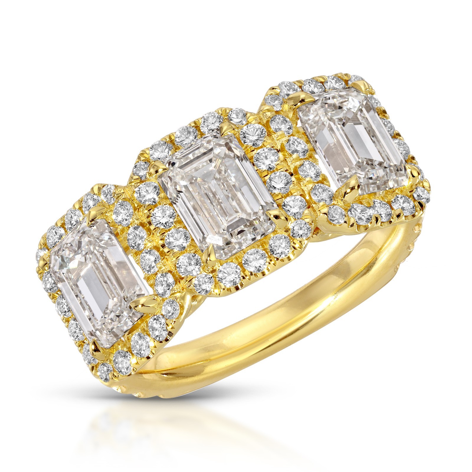 Approx. 3.99ct Emerald Cut Three Stone Lab Grown Diamond Ring DEF VVS 14K Gold