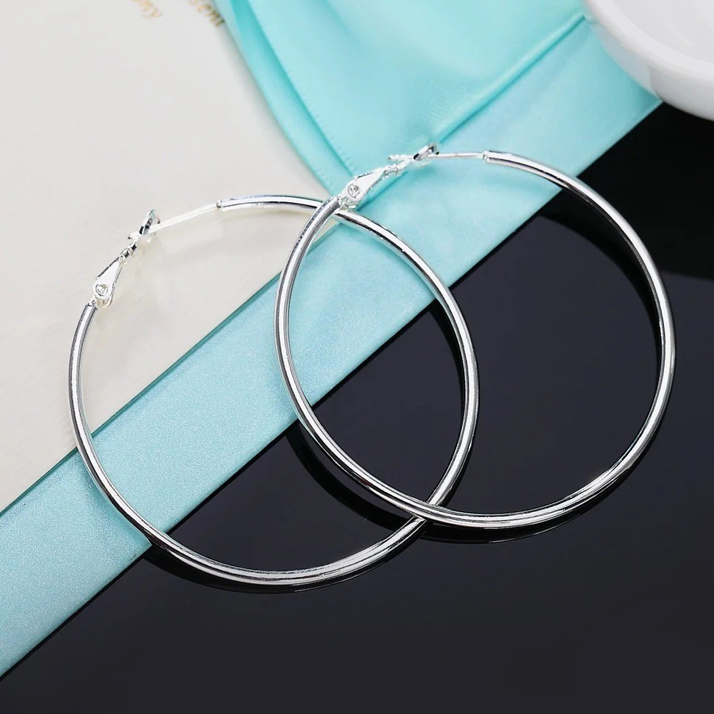 925 Sterling Silver Women Jewelry 50/60/70/80MM Round Big Hoop Earring For Women