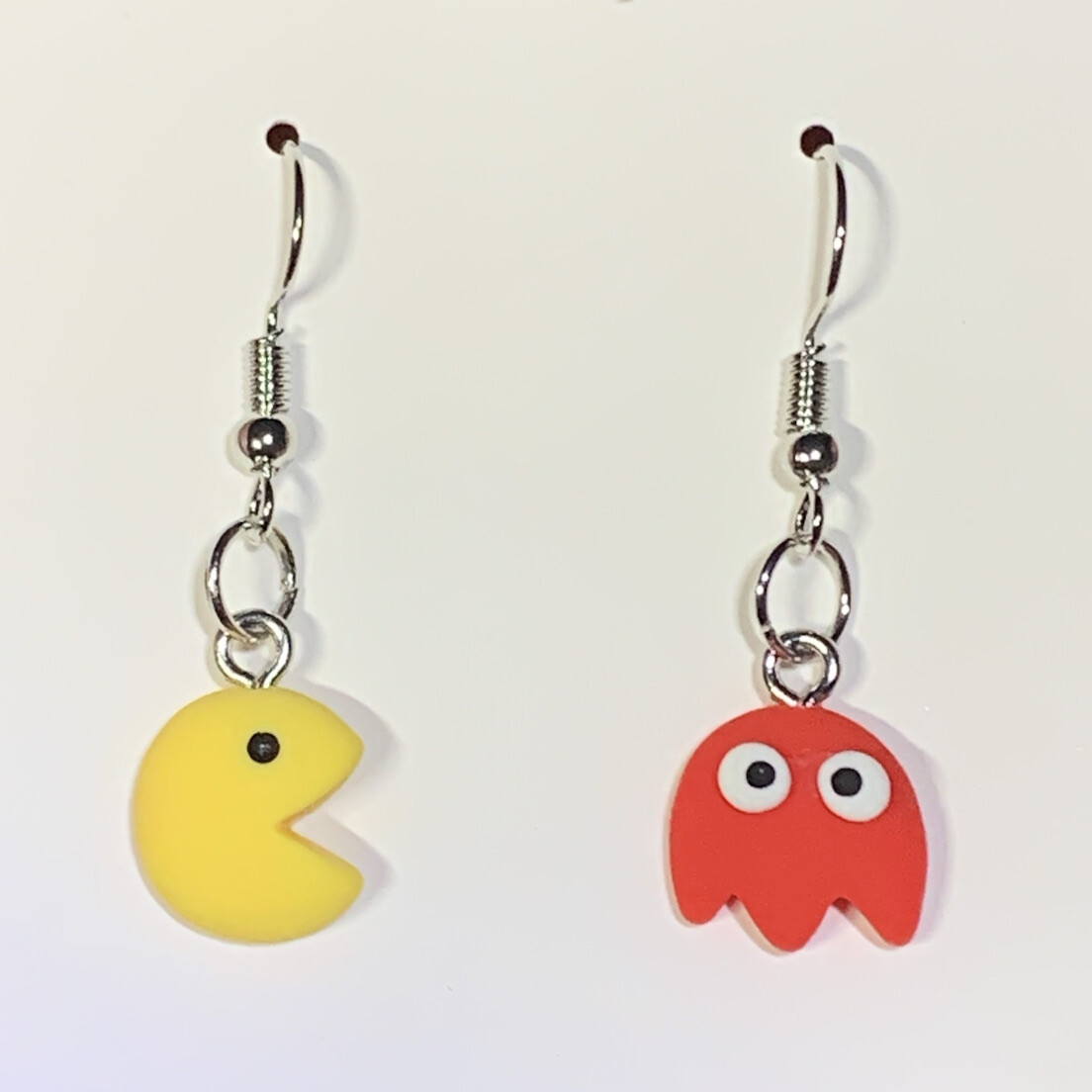 Silver PAC-Man & Ghost Drop Dangle Earrings!!