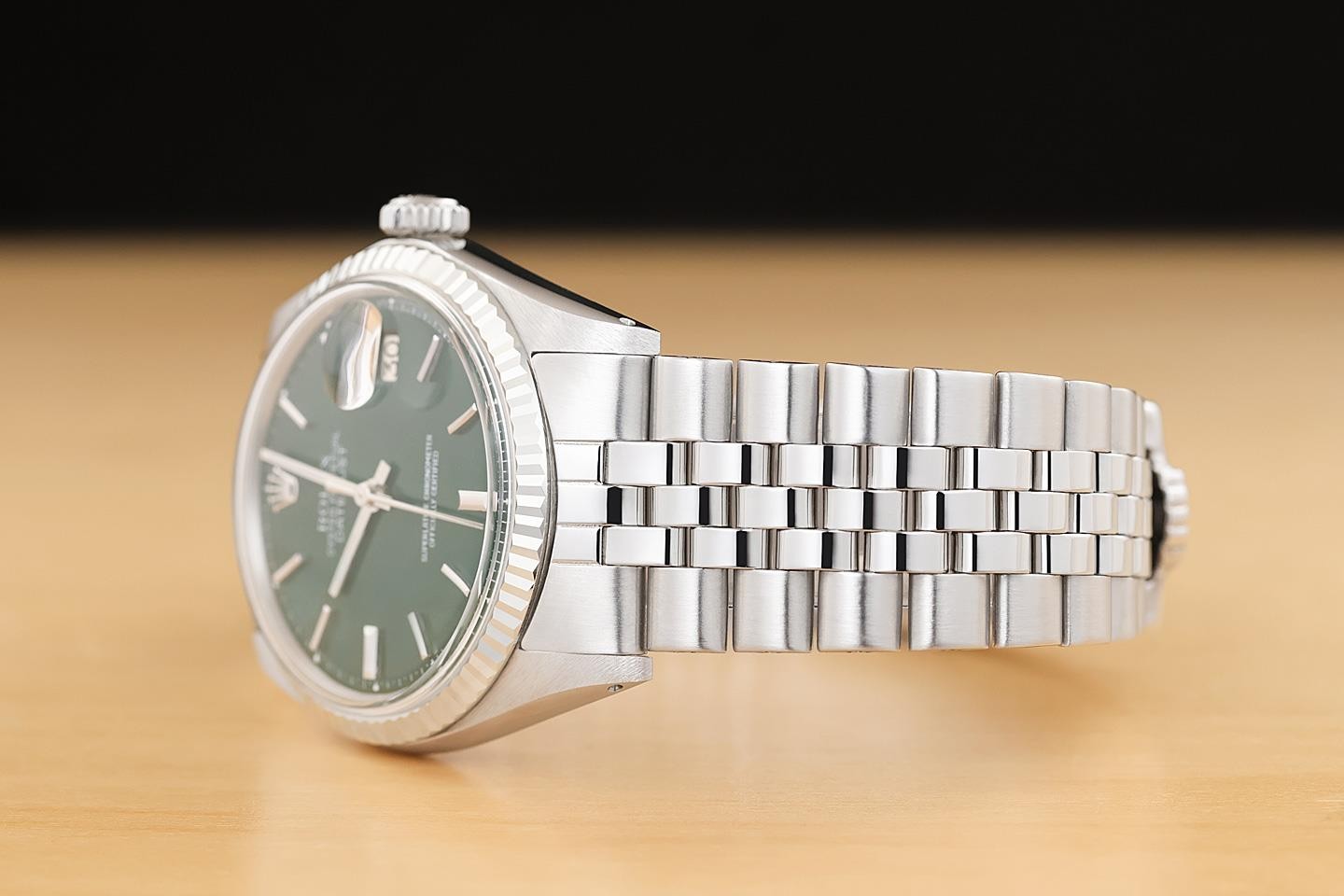 ROLEX DATEJUST 1601 GREEN DIAL 18K WHITE GOLD STEEL FOLDED BRACELET WATCH