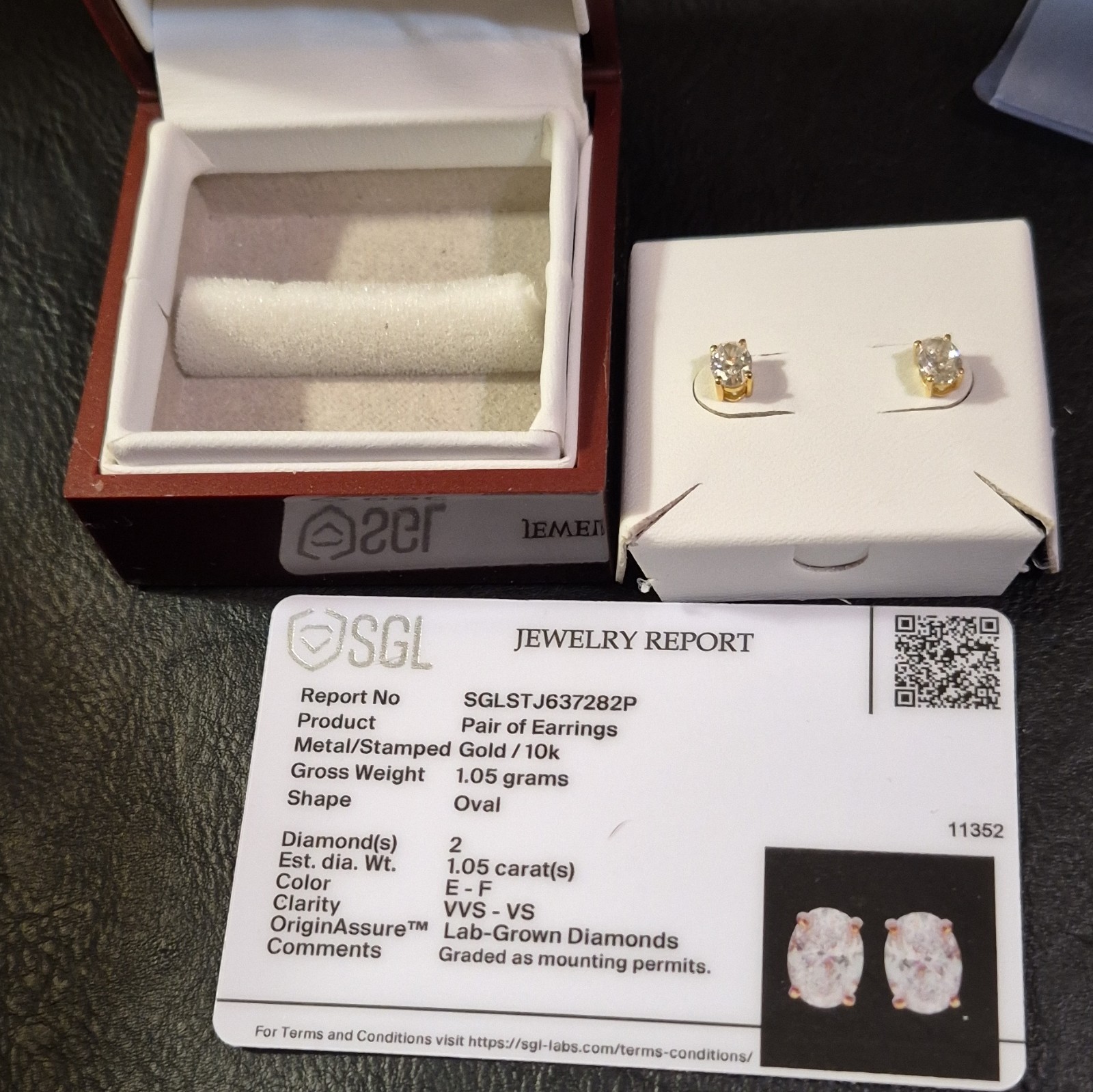 SGL Certified 10K Gold Oval Lab Created Diamond Earrings 1.05 CTW EF VVS-VS